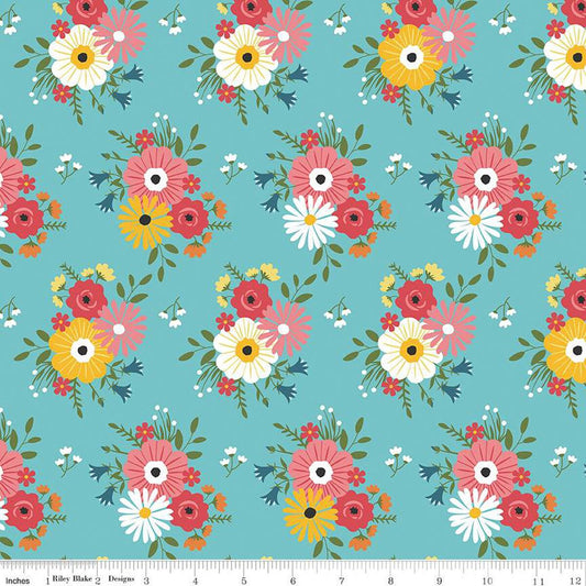15" End of Bolt - SALE Gone Glamping Bouquets Aqua Blue Floral Fabric C14791 - Riley Blake Quilting Cotton Fabric