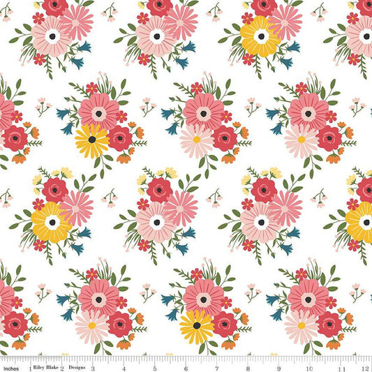 SALE Gone Glamping Bouquets C14791 White - Riley Blake Designs - Floral Flowers Camping - Quilting Cotton Fabric