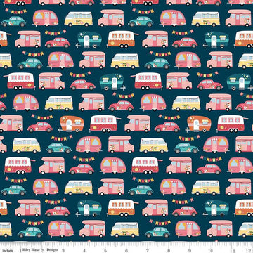 SALE 22" End of Bolt - Gone Glamping Campers C14792 Midnight by Riley Blake Designs - Camping Vehicles Trailers - Quilting Cotton Fabric