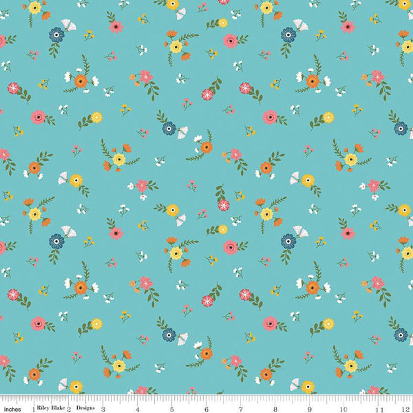 Gone Glamping Flowers C14793 Aqua - Riley Blake Designs - Floral Camping - Quilting Cotton Fabric