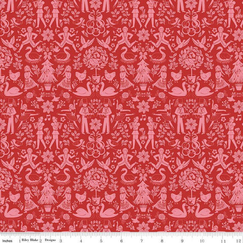 11" End of Bolt - A Pear-fect Christmas Lords A-Leaping C14972 Coral - Riley Blake - Twelve Days of Christmas Icons - Quilting Cotton Fabric