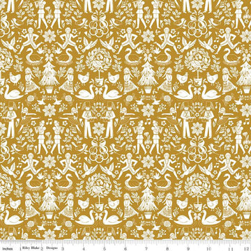16" End of Bolt - A Pear-fect Christmas Lords A-Leaping C14972 Gold Riley Blake - The Twelve Days of Christmas Icons Quilting Cotton Fabric
