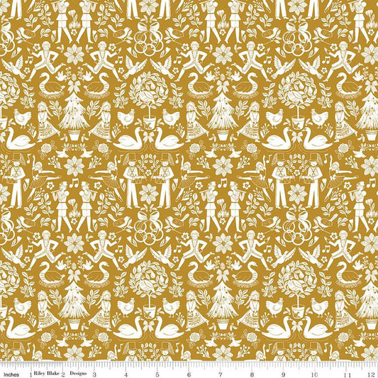 16" End of Bolt - A Pear-fect Christmas Lords A-Leaping C14972 Gold Riley Blake - The Twelve Days of Christmas Icons Quilting Cotton Fabric