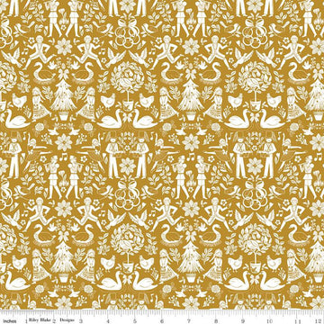 31" End of Bolt - A Pear-fect Christmas Lords A-Leaping C14972 Gold Riley Blake - The Twelve Days of Christmas Icons Quilting Cotton Fabric