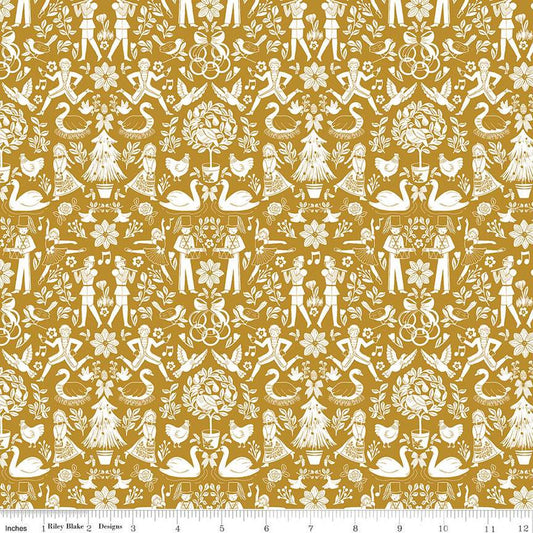 31" End of Bolt - A Pear-fect Christmas Lords A-Leaping C14972 Gold Riley Blake - The Twelve Days of Christmas Icons Quilting Cotton Fabric