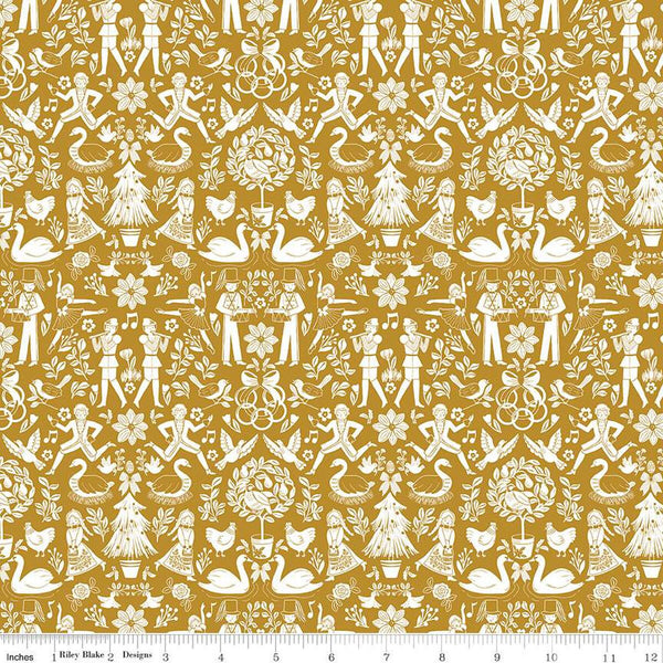 A Pear-fect Christmas Lords A-Leaping C14972 Gold - Riley Blake Designs - The Twelve Days of Christmas Icons - Quilting Cotton Fabric