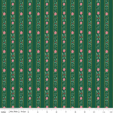 SALE A Pear-fect Christmas French Stripe C14973 Green - Riley Blake Designs - Striped Stripes Flowers Leaves - Quilting Cotton Fabric