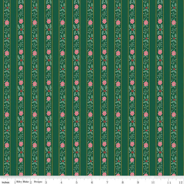 SALE A Pear-fect Christmas French Stripe C14973 Green - Riley Blake Designs - Striped Stripes Flowers Leaves - Quilting Cotton Fabric