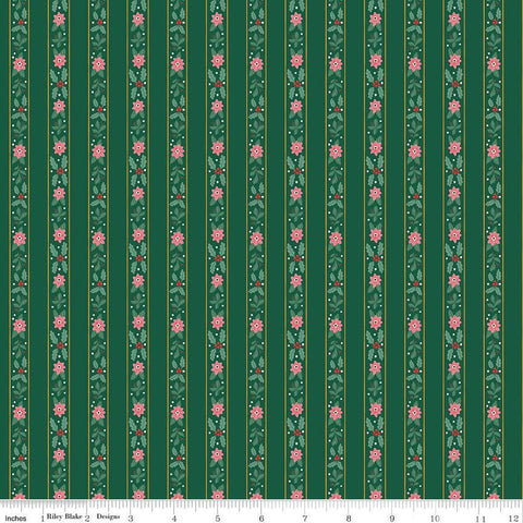 SALE A Pear-fect Christmas French Stripe C14973 Green - Riley Blake Designs - Striped Stripes Flowers Leaves - Quilting Cotton Fabric