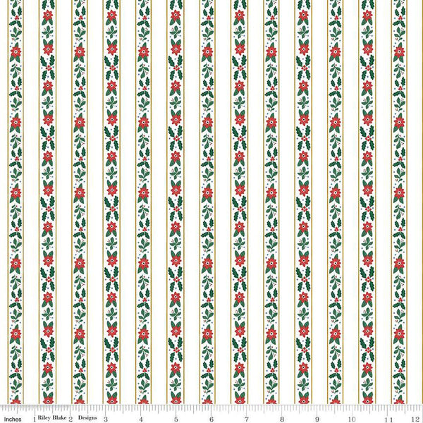 A Pear-fect Christmas French Stripe C14973 White - Riley Blake Designs - Striped Stripes Flowers Leaves - Quilting Cotton Fabric