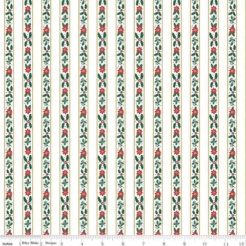 A Pear-fect Christmas French Stripe C14973 White - Riley Blake Designs - Striped Stripes Flowers Leaves - Quilting Cotton Fabric