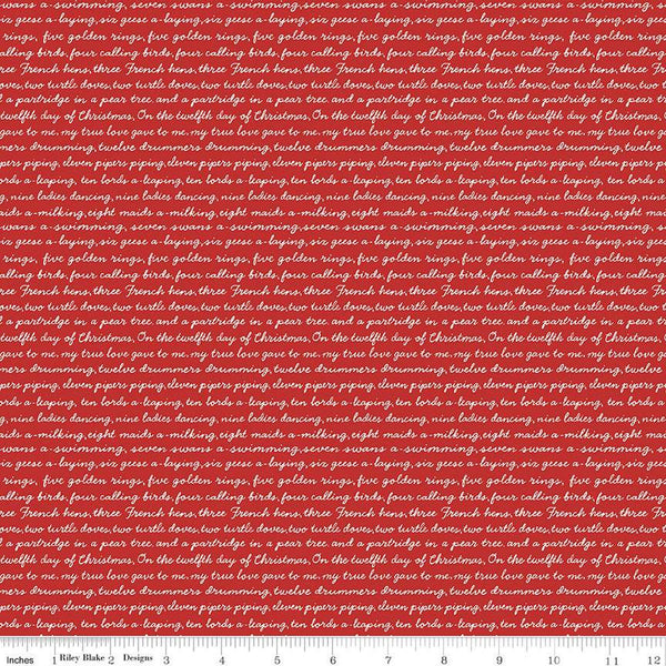 SALE A Pear-fect Christmas Calling Words C14974 Red - Riley Blake Designs - Text The Twelve Days of Christmas - Quilting Cotton Fabric