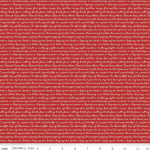 SALE A Pear-fect Christmas Calling Words C14974 Red - Riley Blake Designs - Text The Twelve Days of Christmas - Quilting Cotton Fabric