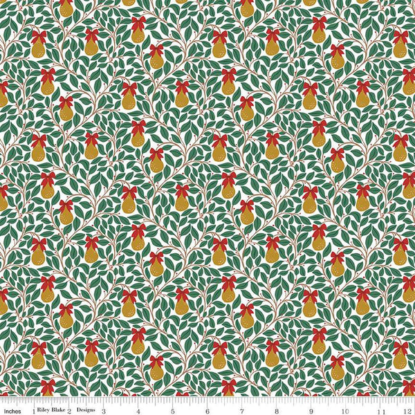 SALE A Pear-fect Christmas Pear Tree C14975 White - Riley Blake Designs - Leaves Branches Pears - Quilting Cotton Fabric