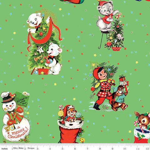 SALE Jingle Bells Main C14830 Green by Riley Blake Designs - Christmas Vintage Vignettes Stars - Quilting Cotton Fabric