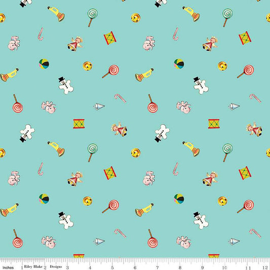 SALE Jingle Bells Toys C14833 Aqua - Riley Blake Designs - Christmas Vintage Toys - Quilting Cotton Fabric