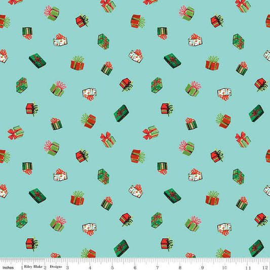 18" End of Bolt - CLEARANCE Jingle Bells Presents C14834 Aqua - Riley Blake Designs - Christmas Wrapped Gifts - Quilting Cotton Fabric