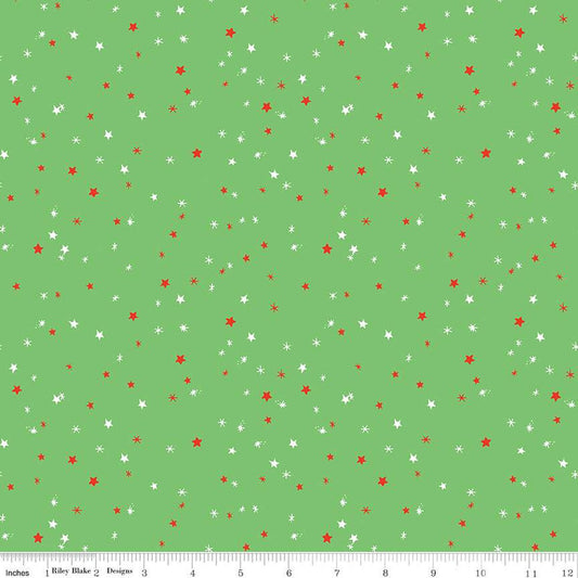 Fat Quarter End of Bolt - Jingle Bells Sprinkles C14837 Green by Riley Blake Designs - Christmas Scattered Stars - Quilting Cotton Fabric