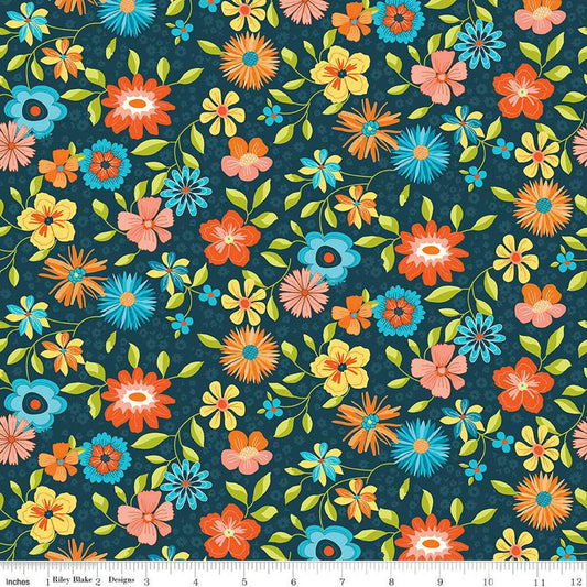 18" End of Bolt Piece - DEAL Here Comes the Sun Main C14810 Midnight - Riley Blake Designs - Floral Flowers - Quilting Cotton Fabric