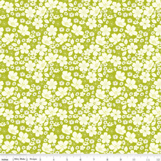 SALE Here Comes the Sun Floral C14812 Lime - Riley Blake Designs - White Flowers - Quilting Cotton Fabric