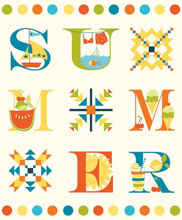 DEAL Here Comes the Sun Summer Panel P14819 - Riley Blake Designs - Icons Letters on Cream - Quilting Cotton Fabric