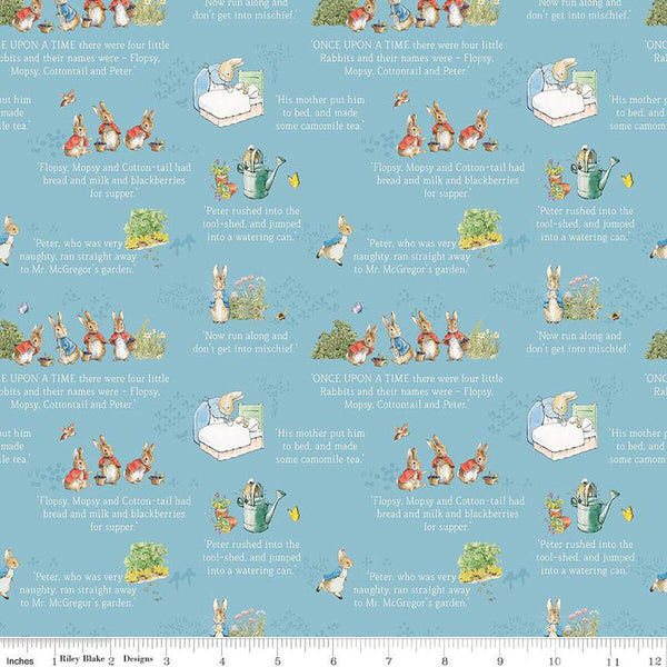 SALE The Tale of Peter Rabbit Text C14701 Blue - Riley Blake Designs - Beatrix Potter Vignettes - Quilting Cotton Fabric - Licensed Product