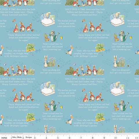 SALE The Tale of Peter Rabbit Text C14701 Blue - Riley Blake Designs - Beatrix Potter Vignettes - Quilting Cotton Fabric - Licensed Product