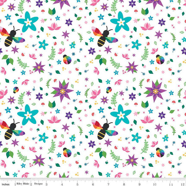 Bloom Main C14980 White by Riley Blake Designs - Bees Flowers Mushrooms Stars Leaves - Quilting Cotton Fabric