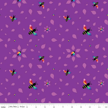 SALE 16" End of Bolt - Bloom Busy Bees C14982 Purple - Riley Blake Designs - Bees Ladybugs Leaves - Quilting Cotton Fabric