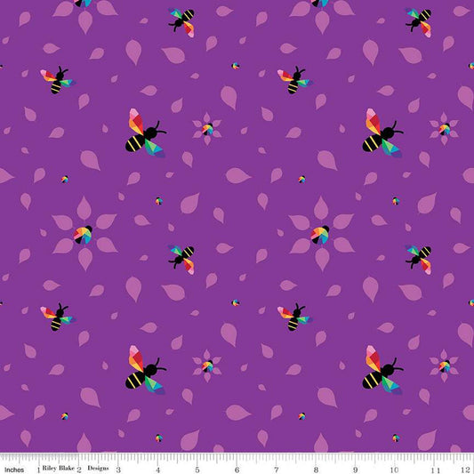 SALE 16" End of Bolt - Bloom Busy Bees C14982 Purple - Riley Blake Designs - Bees Ladybugs Leaves - Quilting Cotton Fabric