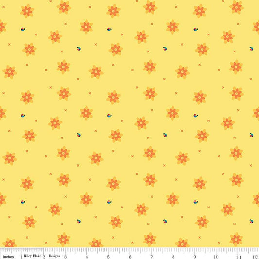 SALE Bloom Blissful C14984 Yellow - Riley Blake Designs - Flowers Floral Ladybugs X's - Quilting Cotton Fabric