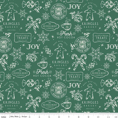 Green quilting cotton fabric with white illustrations of gingerbread men, &quot;Christmas treats&quot; signs, candy canes peppermints, snowflakes, hot cocoa, and more. 
Cute Little Fabric Shop