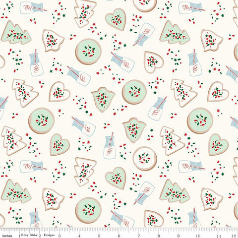 Cream fabric with circle, heart, bell, and tree shaped cookies, cups of milk with straws, and sprinkles.
Cute Little Fabric Shop