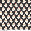 Charcoal quilting cotton with Santa Claus heads with beards, red hats, and a smile. 
Cute Little Fabric Shop