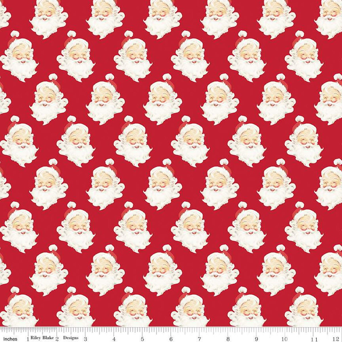 Red quilting cotton with Santa Claus heads with beards, red hats, and a smile. 
Cute Little Fabric Shop