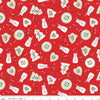 Red fabric with circle, heart, bell, and tree shaped cookies, cups of milk with straws, and sprinkles.
Cute Little Fabric Shop