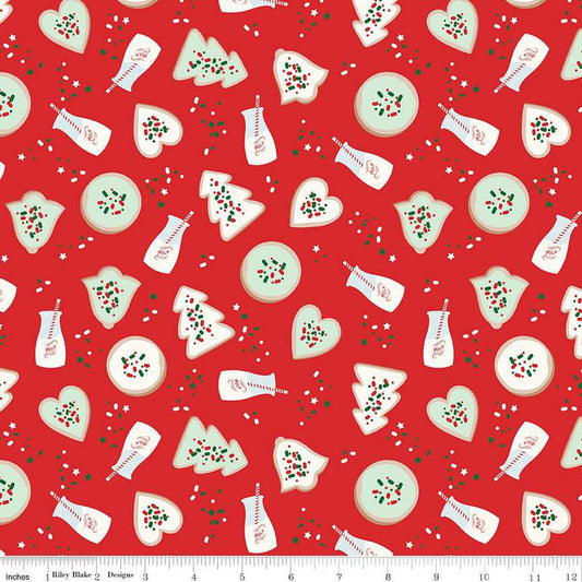 Red fabric with circle, heart, bell, and tree shaped cookies, cups of milk with straws, and sprinkles.
Cute Little Fabric Shop