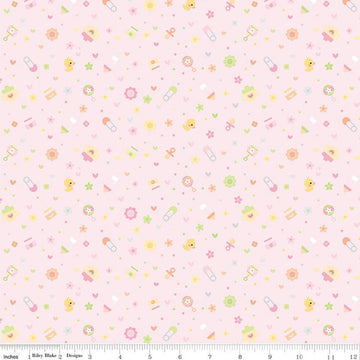 29" End of Bolt - SALE FLANNEL Baby Girl Binkies and Bottles F13335 Pink - Riley Blake - Children's Stars Safety Pins - FLANNEL Cotton