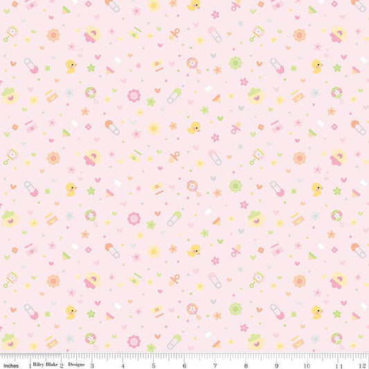 29" End of Bolt - SALE FLANNEL Baby Girl Binkies and Bottles F13335 Pink - Riley Blake - Children's Stars Safety Pins - FLANNEL Cotton