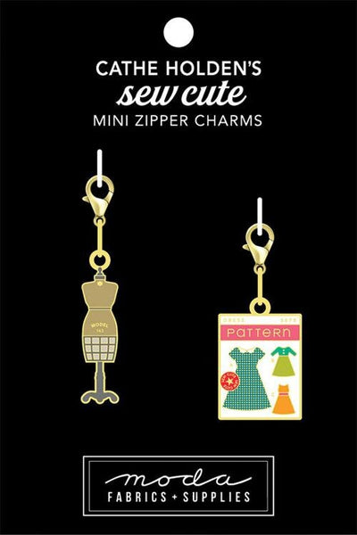 SALE Sew Cute Mini Zipper Charms Enamel Mannequin and Pattern CH118 by Cathe Holden - Moda Fabrics - Two Count - Lobster Clasps