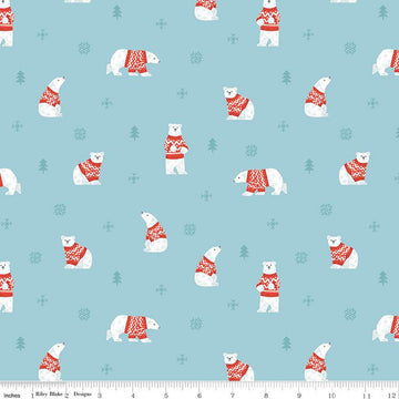 21" End of Bolt - SALE FLANNEL Northern Lights Polar Bears F15001 Sky - Riley Blake - Winter Polar Bears Snowflakes - FLANNEL Cotton Fabric