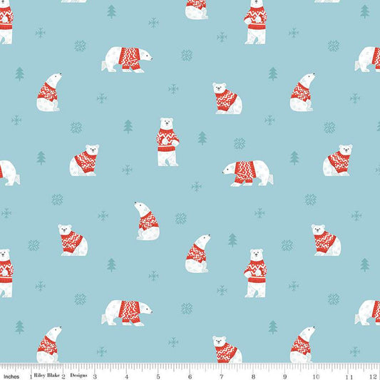 21" End of Bolt - SALE FLANNEL Northern Lights Polar Bears F15001 Sky - Riley Blake - Winter Polar Bears Snowflakes - FLANNEL Cotton Fabric