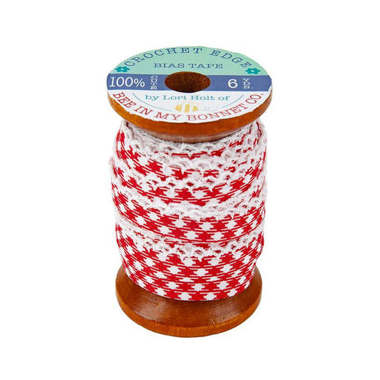Lori Holt 1/4" Crochet Edge Bias Tape ST-17316 Gingham Red - Riley Blake Designs - 6 Yards Double-Fold on Wood Spool