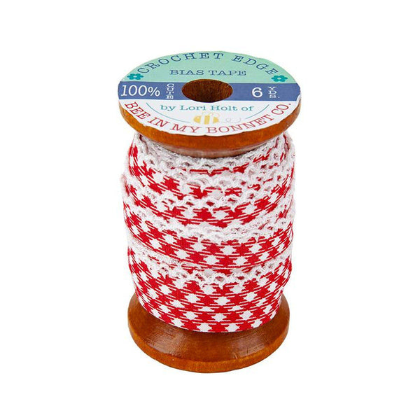 SALE Lori Holt 1/4" Crochet Edge Bias Tape ST-17316 Gingham Red - Riley Blake Designs - 6 Yards Double-Fold on Wood Spool