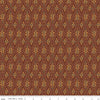 Dark reddish brown colored fabric with geometric flowers and lines in green and yellow. 
Cute Little Fabric Shop