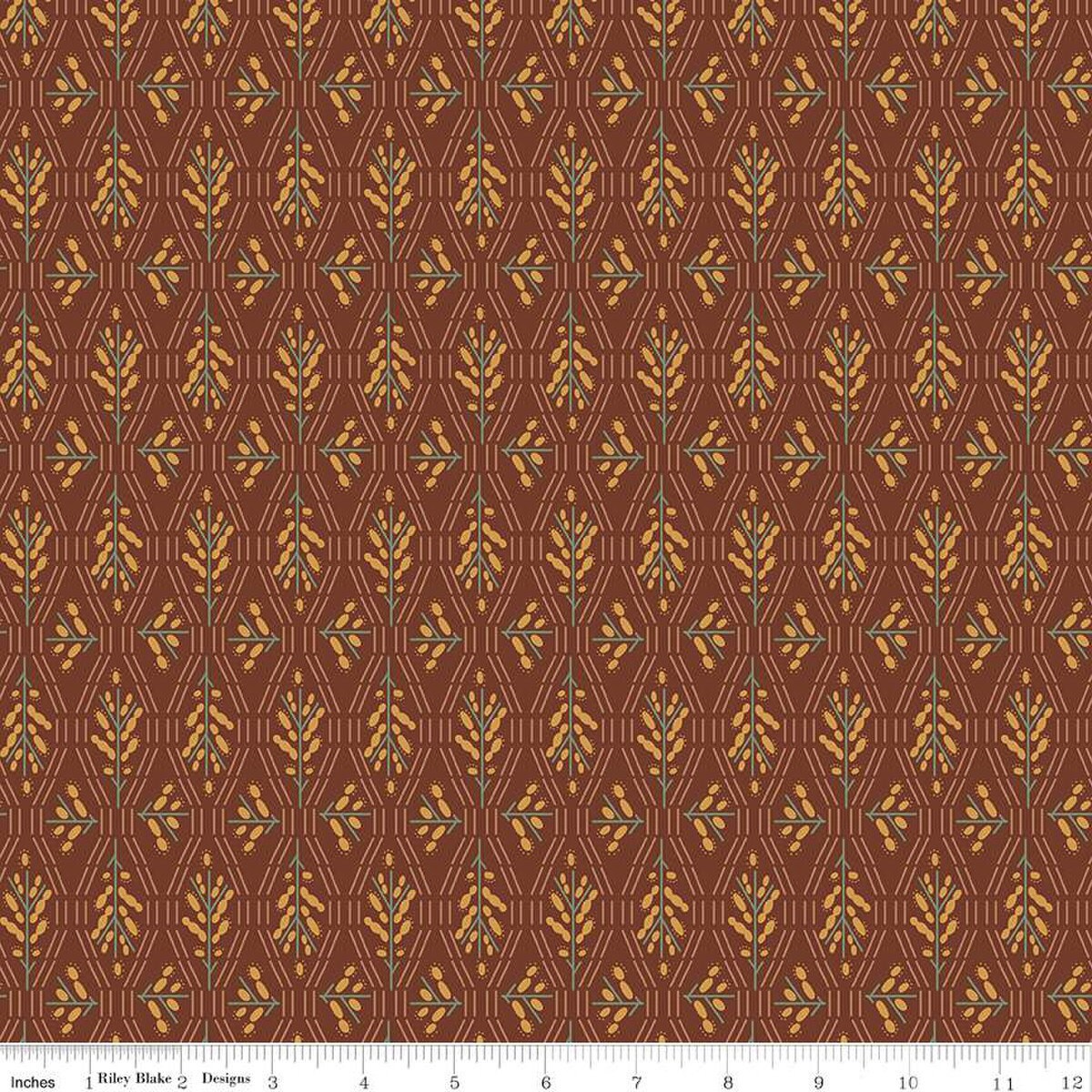 Dark reddish brown colored fabric with geometric flowers and lines in green and yellow. 
Cute Little Fabric Shop