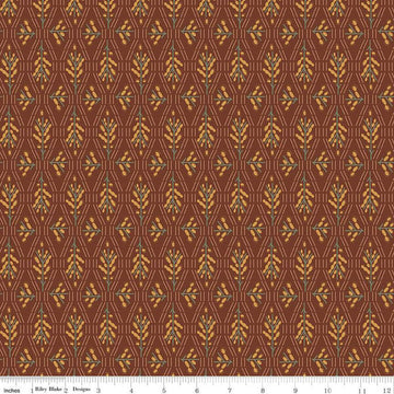 Dark reddish brown colored fabric with geometric flowers and lines in green and yellow. 
Cute Little Fabric Shop