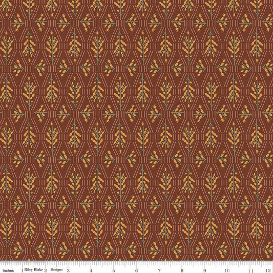 Dark reddish brown colored fabric with geometric flowers and lines in green and yellow. 
Cute Little Fabric Shop