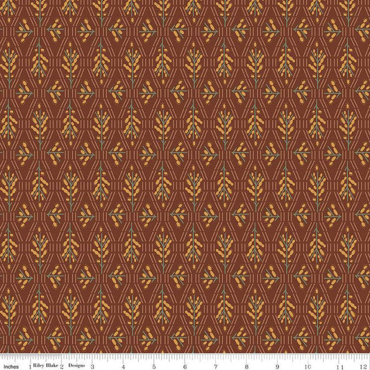 Dark reddish brown colored fabric with geometric flowers and lines in green and yellow. 
Cute Little Fabric Shop