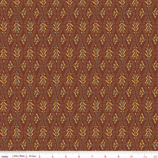 Dark reddish brown colored fabric with geometric flowers and lines in green and yellow. 
Cute Little Fabric Shop